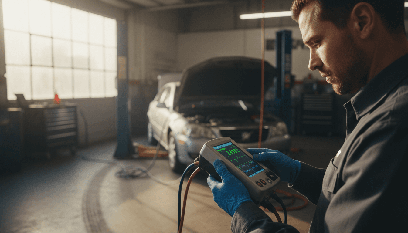 Smog technician performing emissions diagnostic on vehicle